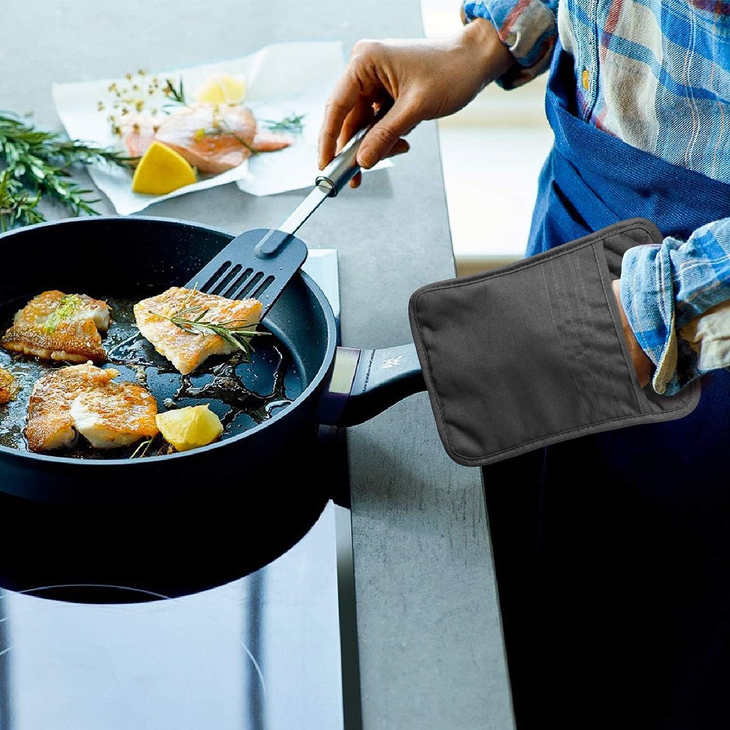GROBRO7 5Pack Pocket Pot Holders Cotton Heat Resistant Potholder Multipurpose Hot Pads Machine Washable Oven Mitts Cooking Pads Bulk for Daily Kitchen Baking and Cooking 8.9 x 6.9 Inch Grey