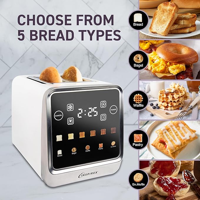 Inspirex Touch Screen Toaster - 2 Extra Wide Slots - 5 Bread Types and 6 Browning Levels - Defrost, Reheat, Favorite, & Single Slot Modes - For Toast, Bagels, & Waffles – White