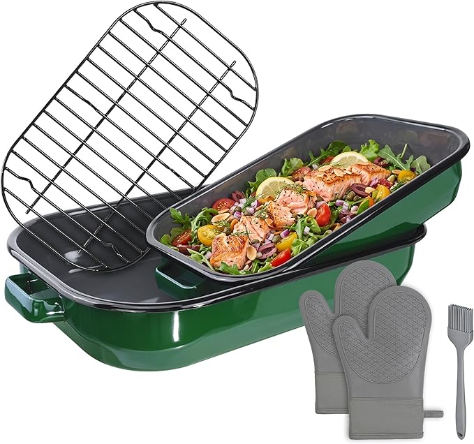 Roasting Pan with Rack & Handles 6-Piece Large 14&17 Inch Roaster Dishes, 572°F High Temperature Resistance Oven Dishwasher Safe Non-Stick Deep Lasagna Baking Pan Mother Day Gift Enamel Bakeware