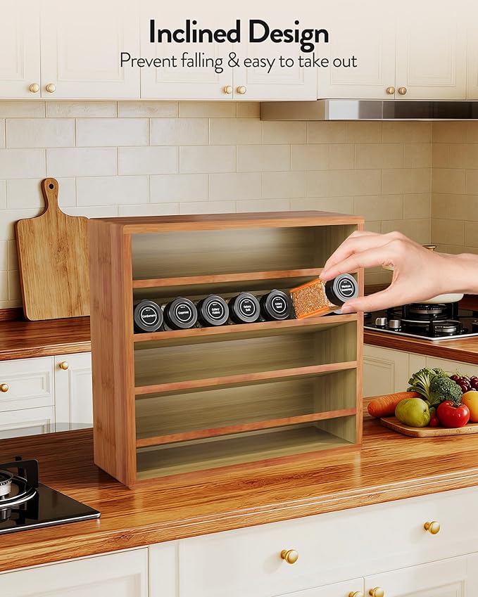 Orimade 4 Tier Spice Rack Organizer for Cabinet, Freestanding Bamboo Seasoning Rack for Countertop, Cupboard, Pantry, Kitchen, 13.18 x 4.13 x 12.2 inches(Spice Jars Not Included), Walnut Stain