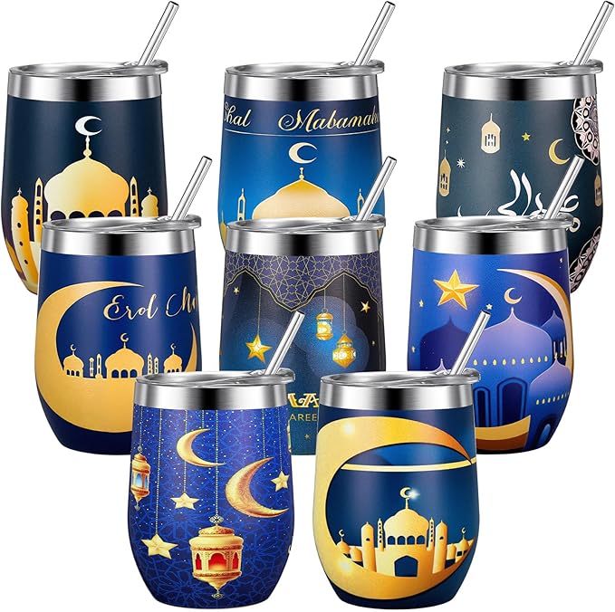 Sliner 8 Pcs Ramadan Mubarak Gifts Islamic Eid Tumbler with Lid 12oz Stainless Steel Muslim Gifts Mug Tumbler Double Insulated Coffee Cup Travel Mug for Muslim Islam Festival Holiday Favors