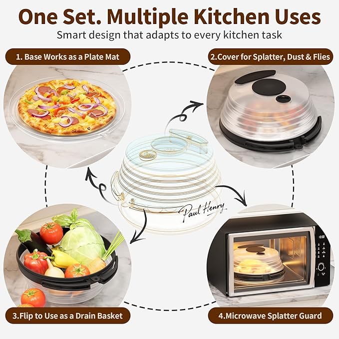 10 inch Microwave Splatter Cover for Food with Water Steamer, Collapsible Plastic & Silicone Microwave Plate Cover with Handle and Anti-Scald Base Plate, Kitchen Cooking Guard, Black