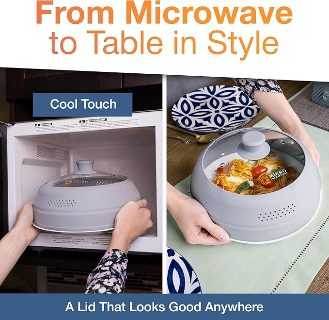 Mikro Innovations Glass & Silicone Microwave Splatter Cover – Tall and Collapsible Design that fits 6-10.5in Plates and Bowls - Space Saving, BPA Free & Dishwasher Safe (1, Gray, large)