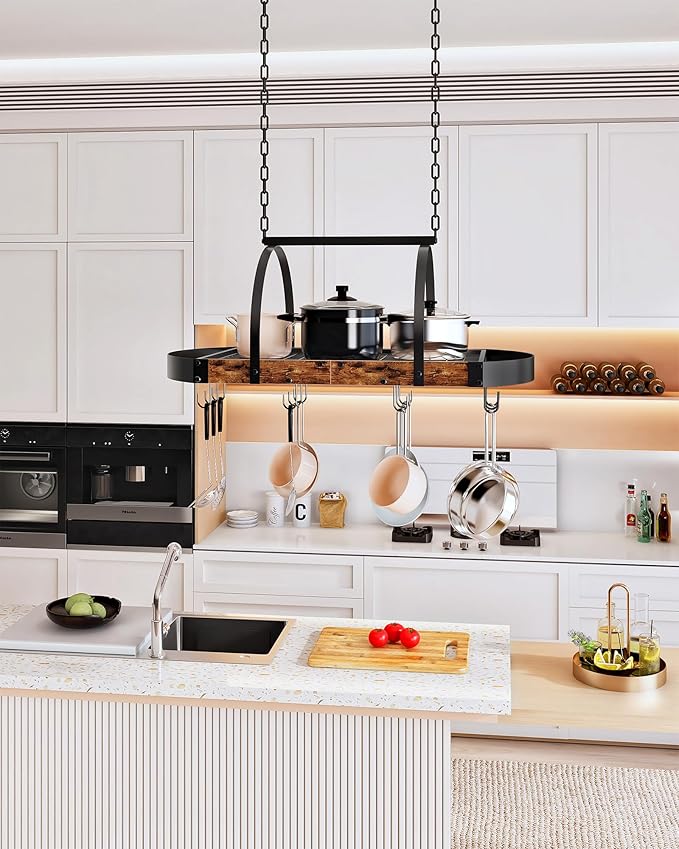 CHOEZON Hanging Pot Rack, Pot Hanger for Kitchen, Ceiling Mounted Pot Holder, Cookware Organizer with 12 S-Shaped Hooks, for Pot, Pan Storage, Space-Saving, Rustic Brown and Black TPR08BFC1