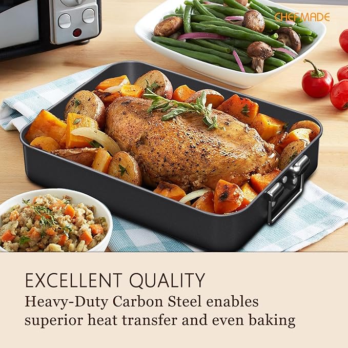 CHEFMADE Turkey Roasting Pan with V Rack, 16 Inch Deep Roasting Pan, Deep Lasagna Pan for BBQ Vegetbale and Meat 16" x 12.8" x 3" (Black)