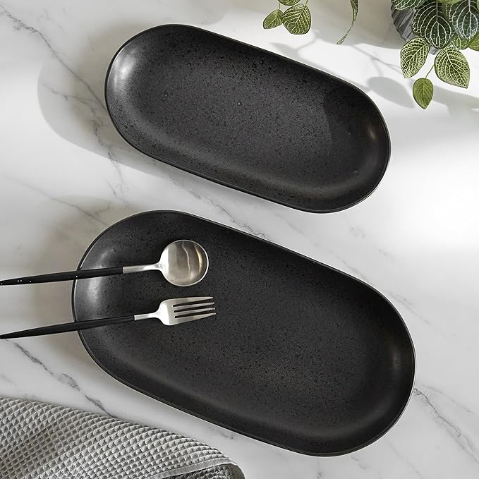 SANGO Anderson Serving Platters Set of 2, 14/12 Inch Stoneware Serving Dishes for Entertaining, Semi-Matte Party Serving Trays for Food, Buffet Oval Platters for Bread, Appetizer, Cheese, Matte Black