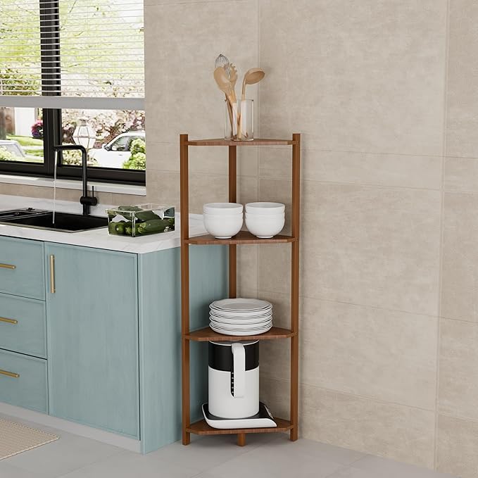 Wisuce Corner Shelf, 100% Real Bamboo Shower Corner Shelves Free Standing Shelf Storage Organizer for Bathroom Living Room Kitchen (Brown, 4 Tier)