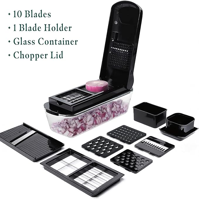 Le'raze 13-in-1 Vegetable Chopper Pro with Glass Container, Stainless Steel Blades, BPA-Free, Mandoline Slicer, Manual