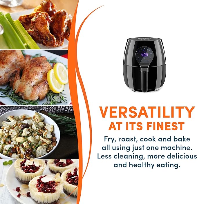 Elite Gourmet EAF5317D Digital 5.3Qt Hot Air Fryer 7 Menu Functions 1350W Oil-Less Healthy Cooker, Timer & Temperature Controls, PFOA/PTFE Free, Black