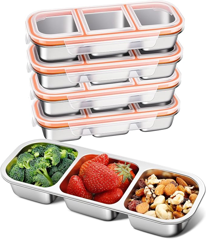 KTKUDY 5 Pack Stainless Steel Snack Containers for Kids & Adults - Large - Leak-Proof 3-Compartment Stackable Snack Lunch Boxes for School, Work & Travel