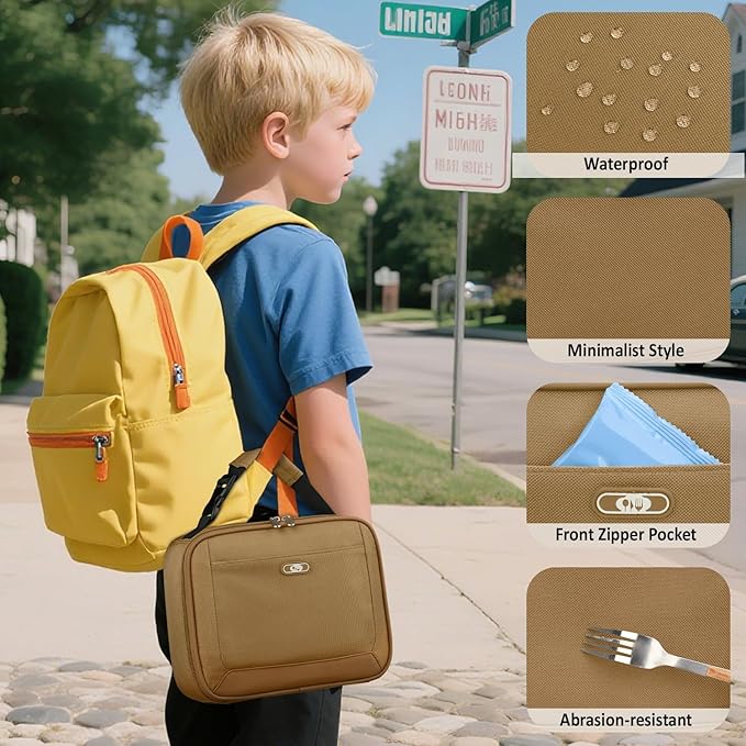 Lunch Box Kids Insulated Lunch Bag for Boys Girls Cute Reusable Lunch Tote Bag Waterproof Portable Thermal Lunch Box Kids for School Picnic Travel Khaki
