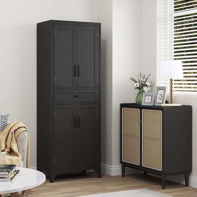 HOMCOM 67" Tall Freestanding Kitchen Pantry Cabinet, 4-Door Storage Cabinet with Drawer and Adjustable Shelves for Dining Room, Black