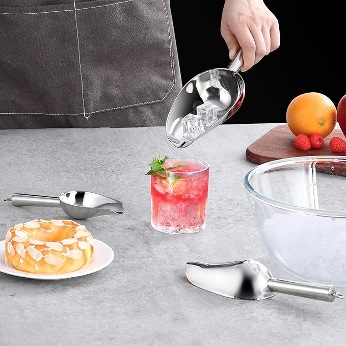 P&P CHEF Canister Scoop Set of 3, Ice Candy Scoop, Stainless Steel Multipurpose Food Scooper for Buffet Jar Freezer, Mirror Finish & Dishwasher Safe, Silver, 3+6+8 Oz