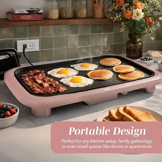COOK WITH COLOR Electric Griddle 1200W, Nonstick Surface for Pancakes, Burgers, Eggs & More, Removable Temperature Control, Slide-Out Drip Tray, 10" x 16" Cooking Area, Dusty Rose