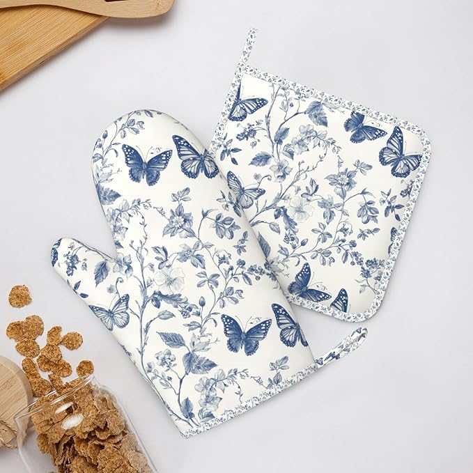 Oven Mitts and Pot Holders Butterfly Flower Vintage Blue Silicone Kitchen Accessories Set of 4 Heat Resistant Long Gloves Potholder Non-Slip Grip for Chef Cooking Baking Grilling BBQ