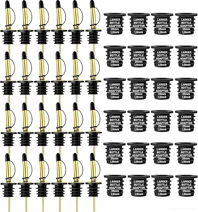 24-Pack Liquor Bottle Pourers with Adapters, Liquor Pour Spout Adapters set for for Large Olive Oil Bottles and Liquor Bottles - Up to 1 Inch/25mm Neck Converts Any Spout into a Large Pour Spout,Gold