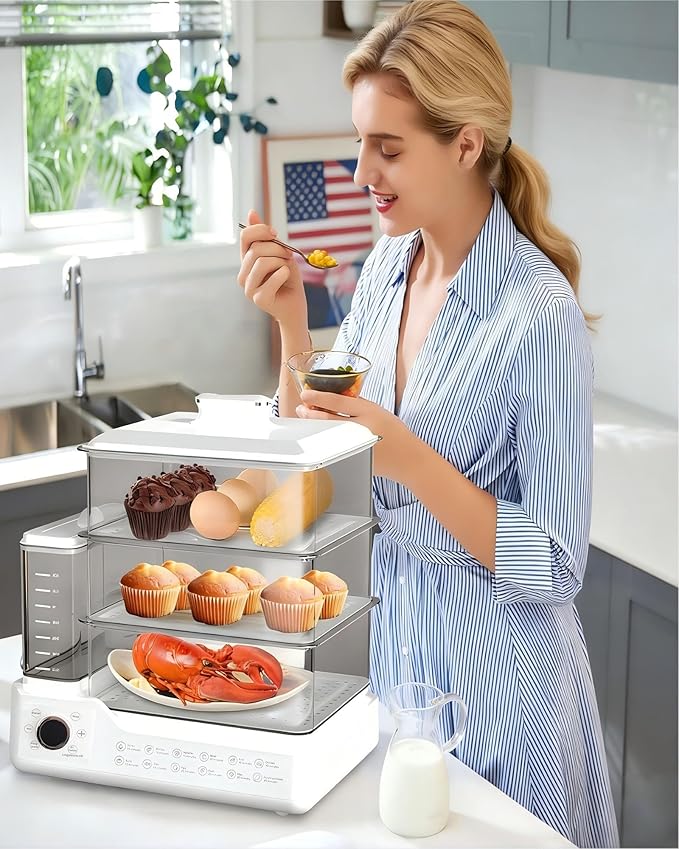 Zuhuachi 24L Electric Steamer, Three-Layer Food Steamer, Stainless Steel Steamer With Detachable Water Tank, 800w Large Capacity Breakfast Machine With Timer, Suitable For Families And Gatherings