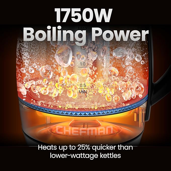 CHEFMAN Lightning High-Powered Electric Kettle, 1.8L 1750W, Rapid Boil 2 Cups in 2 Minutes, BPA Free Cordless Tea Kettle with Digital Temperature Control and 1-Hour Keep Hot – Stainless Steel