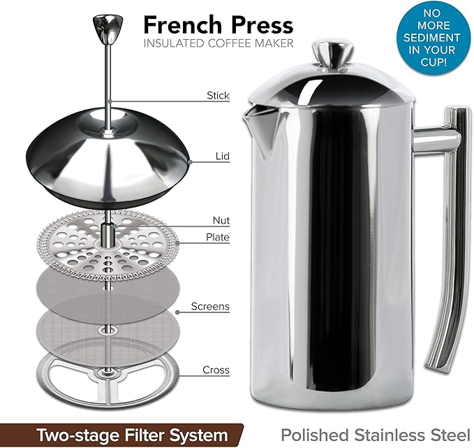 Frieling Double-Walled Stainless Steel French Press Coffee Maker - 44 oz, Polished, Extra Large Stainless Steel Coffee Press for Commercial Use - Camping Coffee Makers & Tea Press