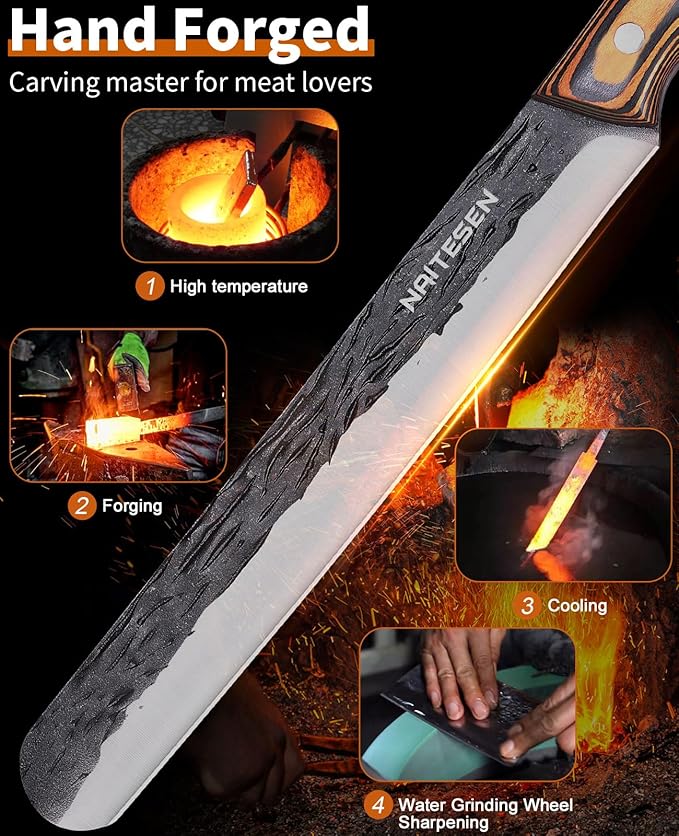 Naitesen Professional Brisket Carving Knife Set for Men, Grilling Knives, Hand Forged Super Sharp Butcher Slicing Knife Boning Knife for Meat Turkey Cutting Home Kitchen BBQ