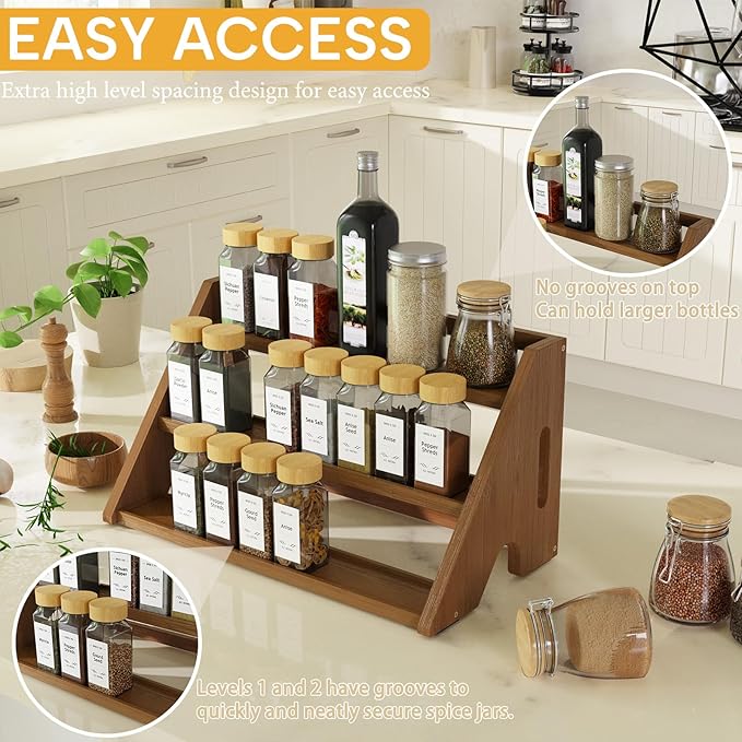 Bamboo Spice Rack Organizer -3-Tier Spice Rack for Countertop,Cabinet Spice Rack Organizer for 24 Spice Jars(4oz)，Step Shelf (Walnut)
