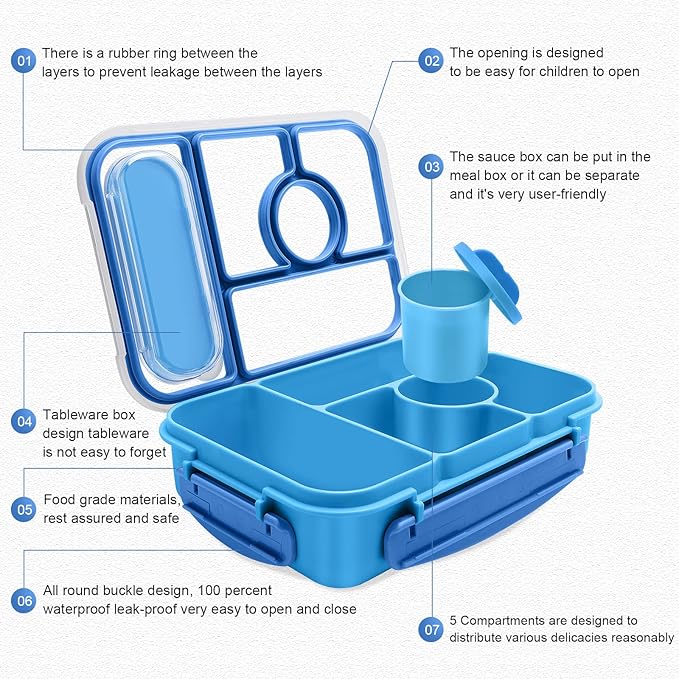 Amathley Bento Box Adult Lunch Box Kids,Lunch Containers for Adults/Kids/Toddler,5 Compartments Bento Lunch Box with Sauce Vontainers,Microwave & Dishwasher & Freezer Safe,BPA-Free (Blue)