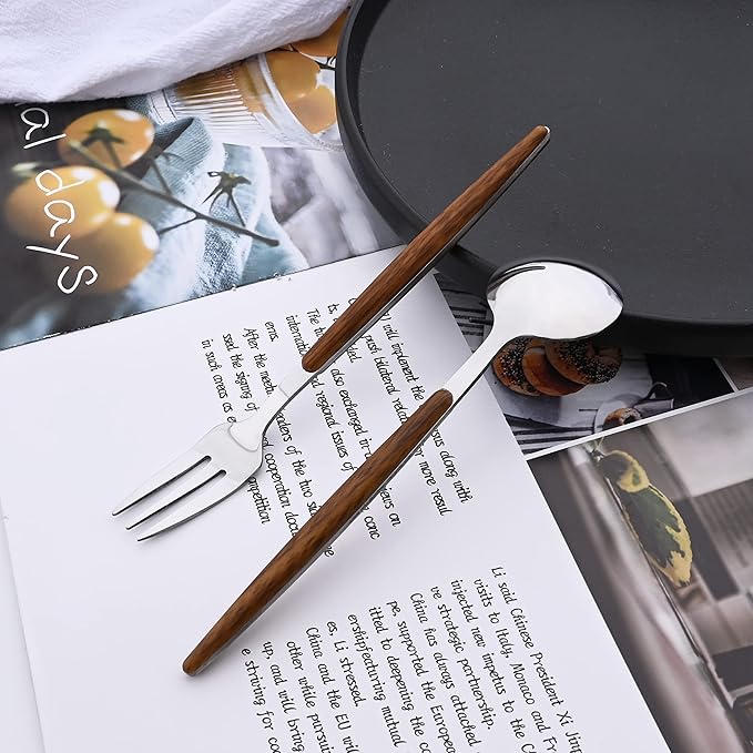 6-Piece Dessert Forks Set, Stainless Steel Mini Fruit Forks Set, Silver Mirror Polished Cake Forks for Wedding Home Party Restaurant, Round Wooden Effect Handle, 6.18inch, Dishwasher Safe