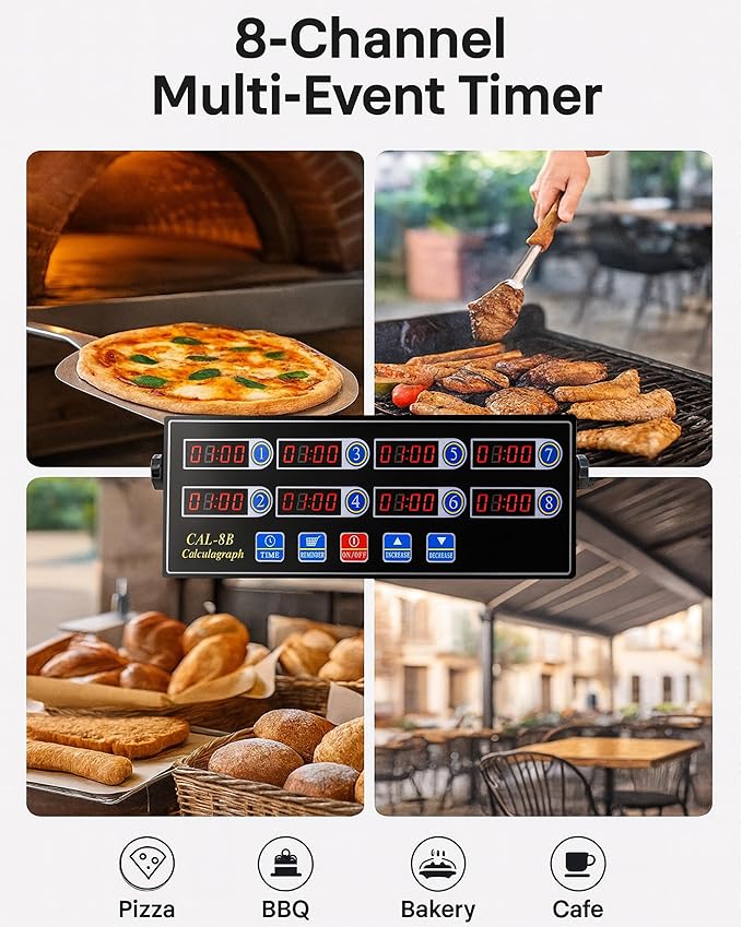 Commercial 8 Channels Digital Kitchen Timer, Stainless Steel Calculagraph Timer with Loud Alarm for Restaurant, Clock Reminder on Multiple Events