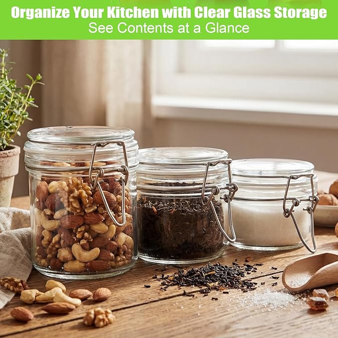 LemonRoad Airtight Glass Jars with Hinged Lids Set of 12, Paired with 2 Chalkboard Labels, Small Mason Jars in 3 Sizes (4/7/9.5oz), Clamp Lock Canisters for Jam, Spice, Honey, Kitchen Organization