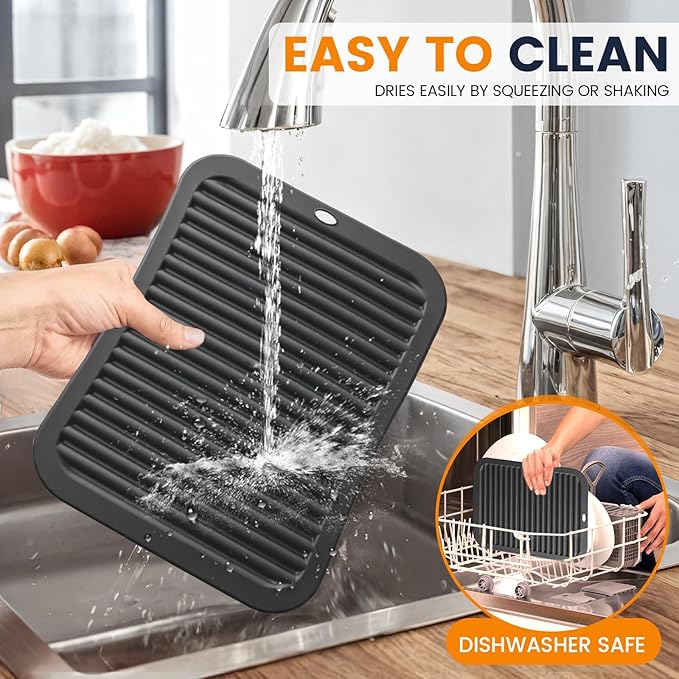 Silicone Trivet Mats 4 Heat Resistant Pot Holders Multipurpose Non-Slip Hot Pads for Kitchen Potholders, Drying mat, Jar Opener, Spoon Holder, Coaster.(Pitch Black)