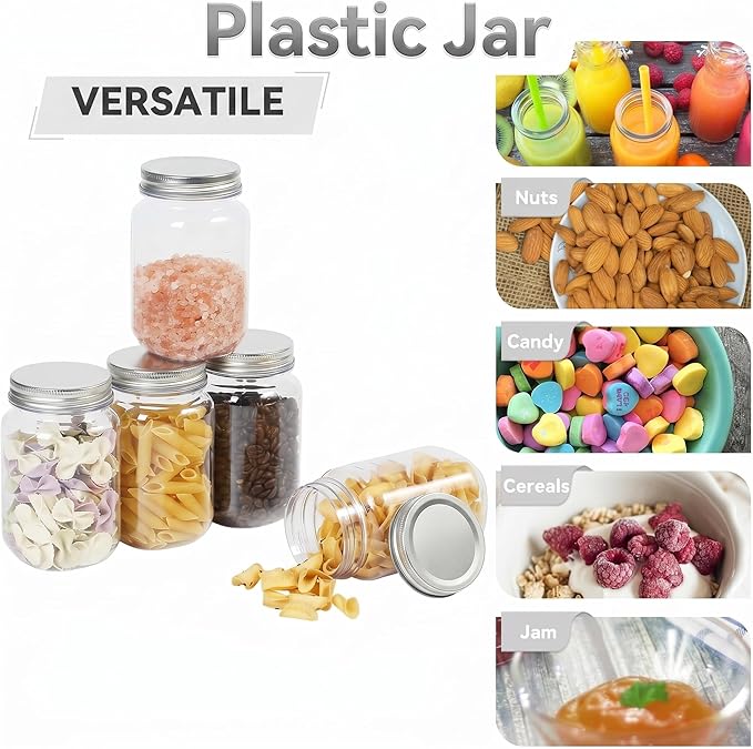 novelinks 16 oz Clear Plastic Jars with Lids, Refillable 16oz Mason Jars with Lids & Storage Containers for Kitchen & Household Use (15 Pack,Silver)