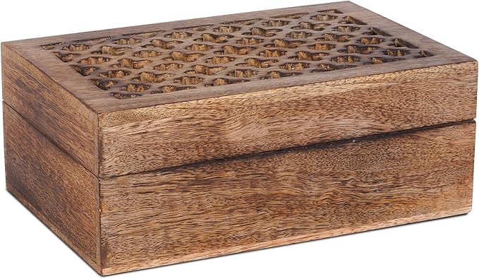 Mela Artisans 9” x 6” x 3.5” Mango Wood Box with Lid – Trellis Medium Burnt – Handcrafted Keepsake Box – Large Storage for Jewelry & Home Décor Accents
