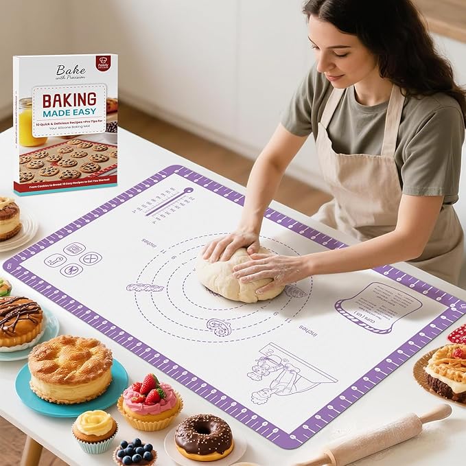 Silicone Pastry Mat with 10 Useful Recipes, Silicone Mat for Baking, Dough Rolling for Bread, Cookie, Macaron, Pizza, Surdough, Non Stick Silicone Mat for Counter 32X24INCH Purple