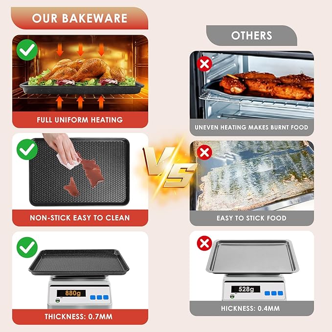 Baking Sheet Pan Set of 3, Nonstick Carbon Steel Cookie Sheets with Texture, Commercial Half/Quarter/Jelly Roll Pans Replacement Toaster Oven Tray, Heavy Duty & Easy Clean, Black