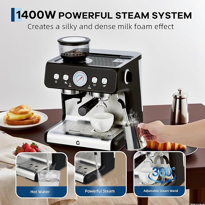 Garvee Stainless Steel Espresso Machine with Grinder & 20 Bar Pressure, 2.8L Removable Water Tank, Milk Frother Steam Wand for Latte/Cappuccino - Adjustable Shot Volume, Professional Home/Office Use