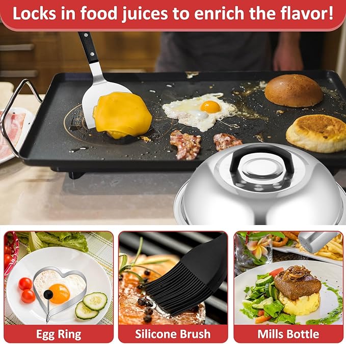 25Pcs Griddle Accessories Kit, Leonyo Flat Top Grill Accessories, Commercial Grilling Tools with Enlarged Spatulas, Basting Cover, Metal Scraper, Smash Burger Press for Outdoor Barbecue, ABS Handle