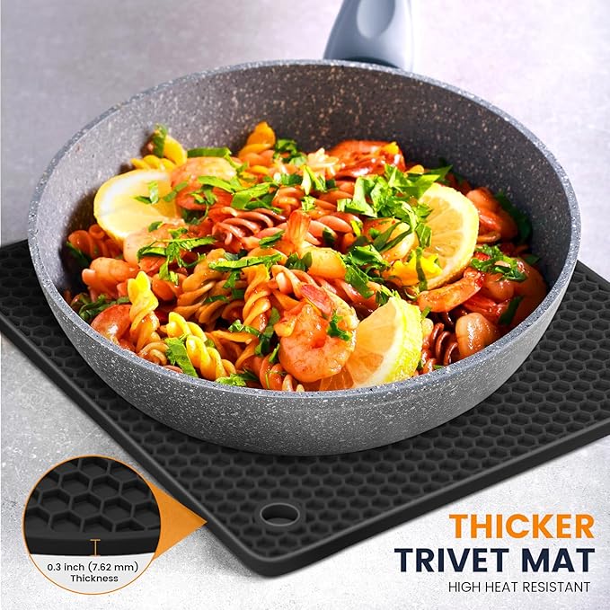 Silicone Trivet Mats 4 Heat Resistant Pot Holders Multipurpose Non-Slip Hot Pads for Kitchen Potholders, Drying mat, Jar Opener, Spoon Holder, Coaster.(Black Dark Gray)