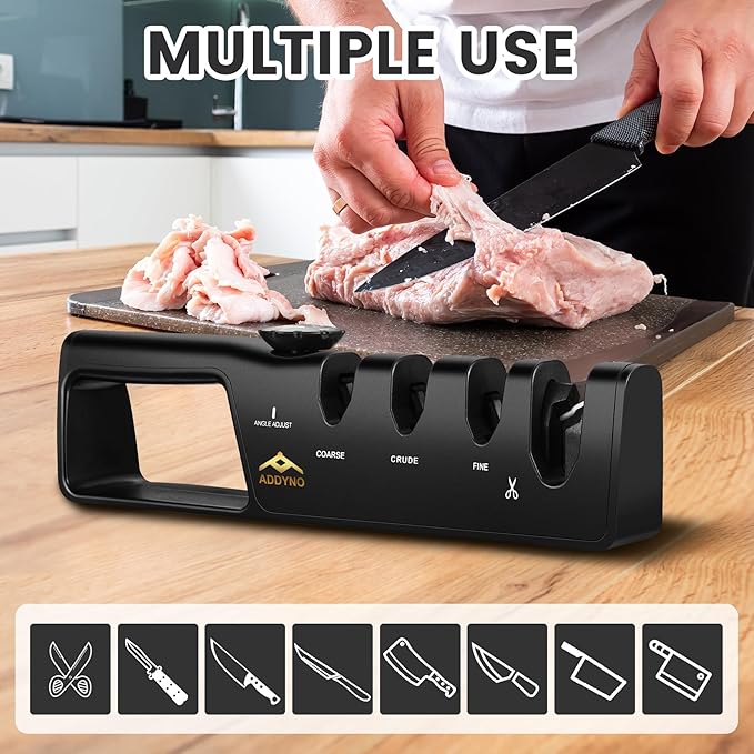 4-in-1 Knife Sharpener with Angle Guide, Adjustable Edge,3-Stage Coarse–Sharpen–Fine + Scissors Slot, Non-Slip Base & Ergonomic Handle for Kitchen Knives,Square Black