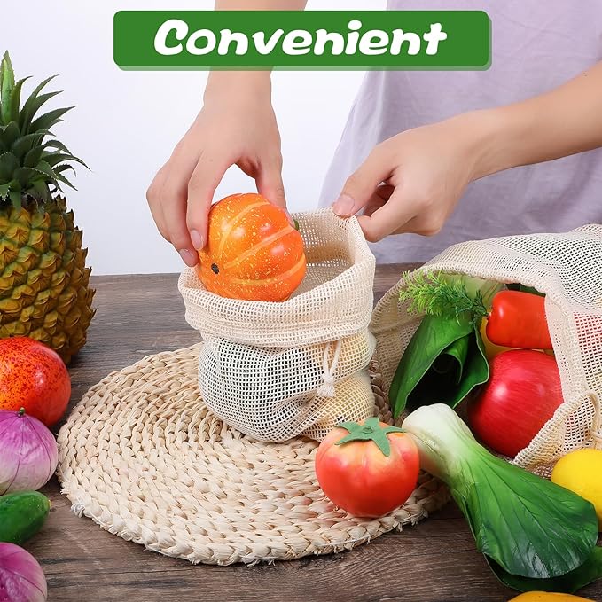 18 Pack Reusable Produce Bags Reusable Washable - Vegetable Grocery Cotton Mesh Bags for Farmers Market, Beach, and Refrigerator Storage Vegetables (6xS, 6xM, 6xL)