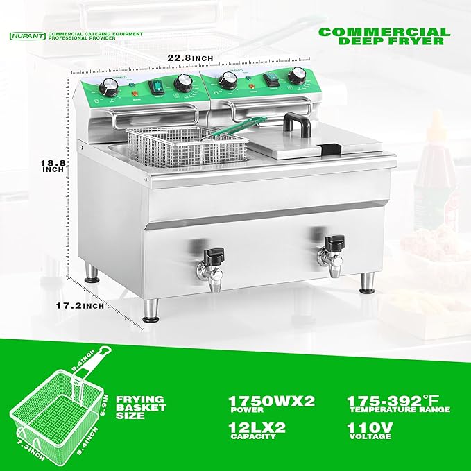 NUPANT 24L/25.4QT Commercial Deep Fryer with 2 Baskets and Lids, 110V Electric Fryer with Oil Filtration and Timer, Stainless Steel Large Double Tank Fryer Countertop Deep Fryer for Restaurant 3500W