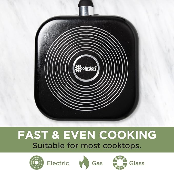 Ecolution Artistry Nonstick Square Griddle, Easy To Clean, Comfortable Handle, Even Heating, Dishwasher Safe Pots and Pans, 11-Inch, Black