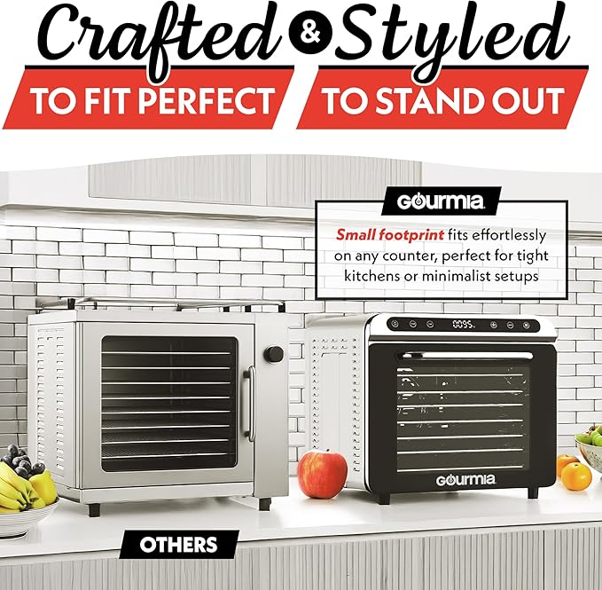 Gourmia 8 Tray Digital Food Dehydrator - 360° Airflow, 30 Minute–24 Hour Timer, Glass Door, Jerky, Fruits, Veggies & More, 95°F–185°F, 625W, Stainless Steel