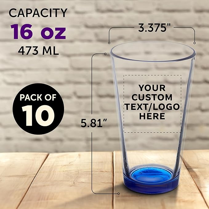 Custom Libbey Pint Glass 16 oz. Set of 10, Personalized Bulk Pack - Beer Glasses, Heavy Duty Drinkware - Blue