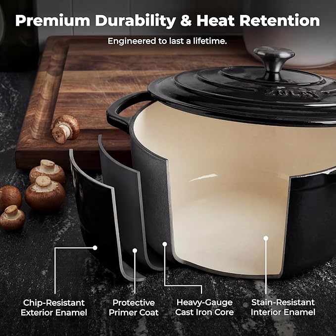 Zulay Kitchen 6 Quart Enameled Cast Iron Dutch Oven Pot with Lid – Premium Durability & Oven Safe up to 500°F – Heavy Duty Cookware Perfect for Bread Baking, Stews, Braising & Roasting - Black