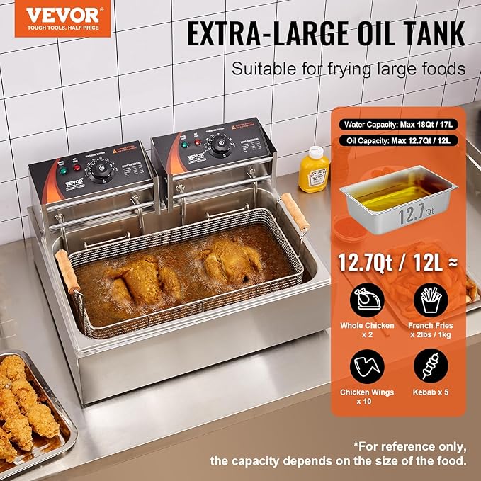 VEVOR Commercial Deep Fryer, 3000W Electric Turkey Fryer with 3 Removable Baskets, Large Capacity 18Qt / 17L Stainless Steel Countertop Single Oil Fryer, for Kitchen Restaurant Use, Silver