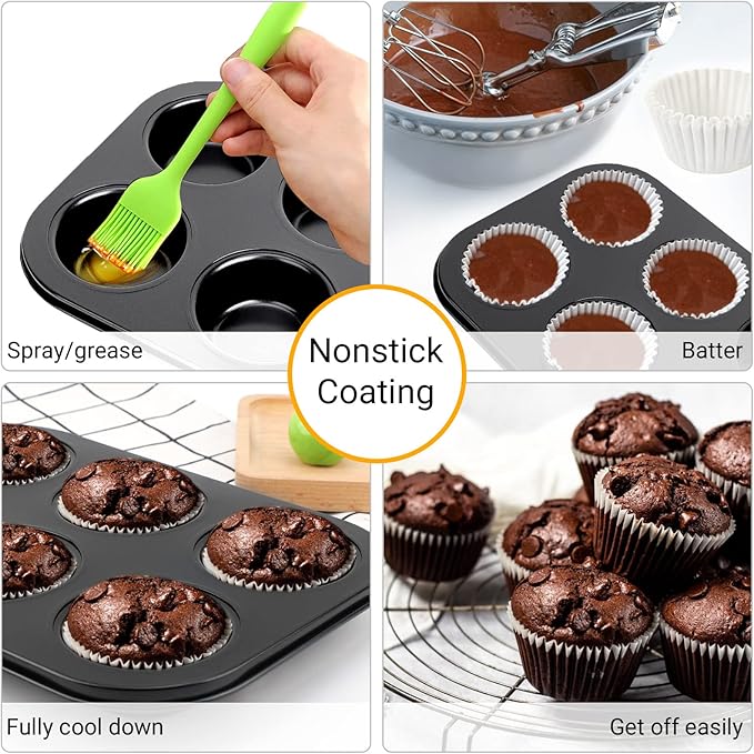 Beasea Muffin Pan 6 Cup, Set of 2 Non Stick Muffin Baking Pan, Carbon Steel Muffin Pan Bakeware Set Cupcake Baking Pan for Oven Baking