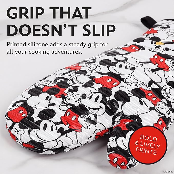 Disney Silicone Oven Mitts Heat Resistant – Set of 2 Long Cuff Cotton Kitchen Mitts with Silicone Grip Stripes, Cute Oven Mitts & Pot Holders for Cooking, Baking & Kitchen Essentials- Mickey