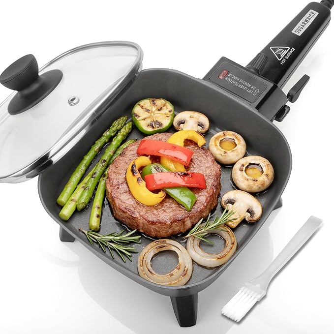 SugarWhisk Small Electric Skillet with Lid, Personal 7-inch Ceramic Coated Electric Skillet Griddle, Square Frying Pan with Temperature Control, Portable Cooking Appliances, Graphite