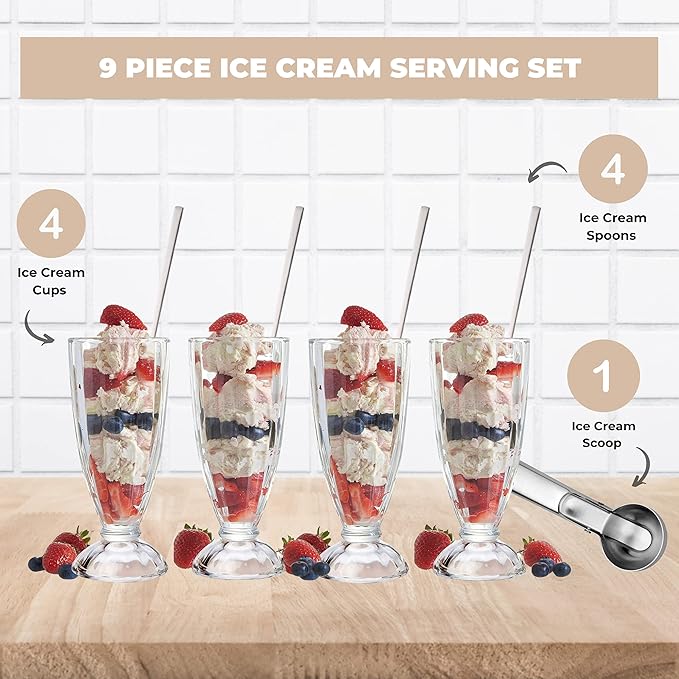 9-Piece Ice Cream Serving Set - 4 Cups, 4 Spoons, 1 Scoop for Sundaes, Milkshakes, Desserts - Silver, Large