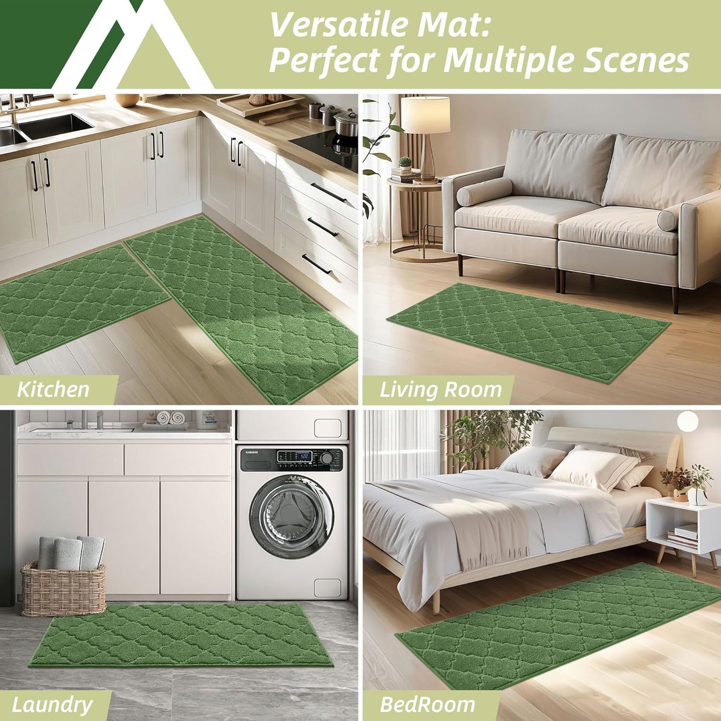 COSY HOMEER Soft Kitchen Rugs [2 PCS] for in Front of Sink Super Absorbent Kitchen Floor Mats and Mats 24x35 Inch/24X60 Non-Skid Kitchen Mat Standing Mat Washable,Polyester,Green